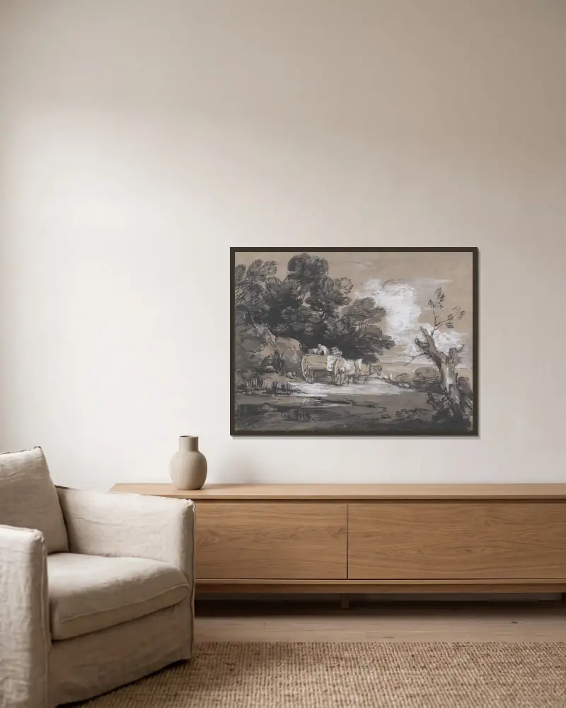Skogslandskap med bondkärra och figurer av Thomas Gainsborough inramad på en vägg