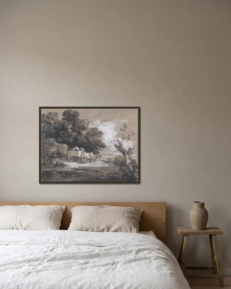 Skogslandskap med bondkärra och figurer av Thomas Gainsborough inramad på en vägg