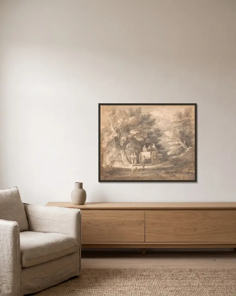 Skogslandskap med bondkärra och figurer som går nedför en stig av Thomas Gainsborough inramad på en vägg