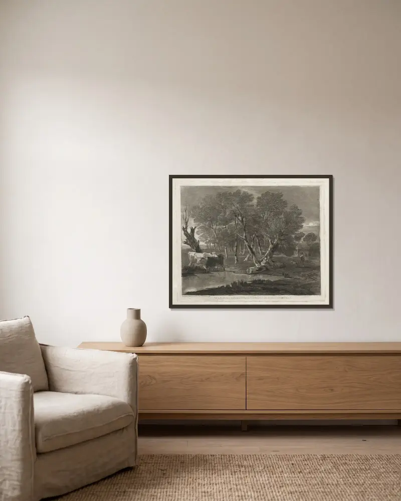 Skogslandskap med kor vid en damm, figurer och stuga av Thomas Gainsborough inramad på en vägg
