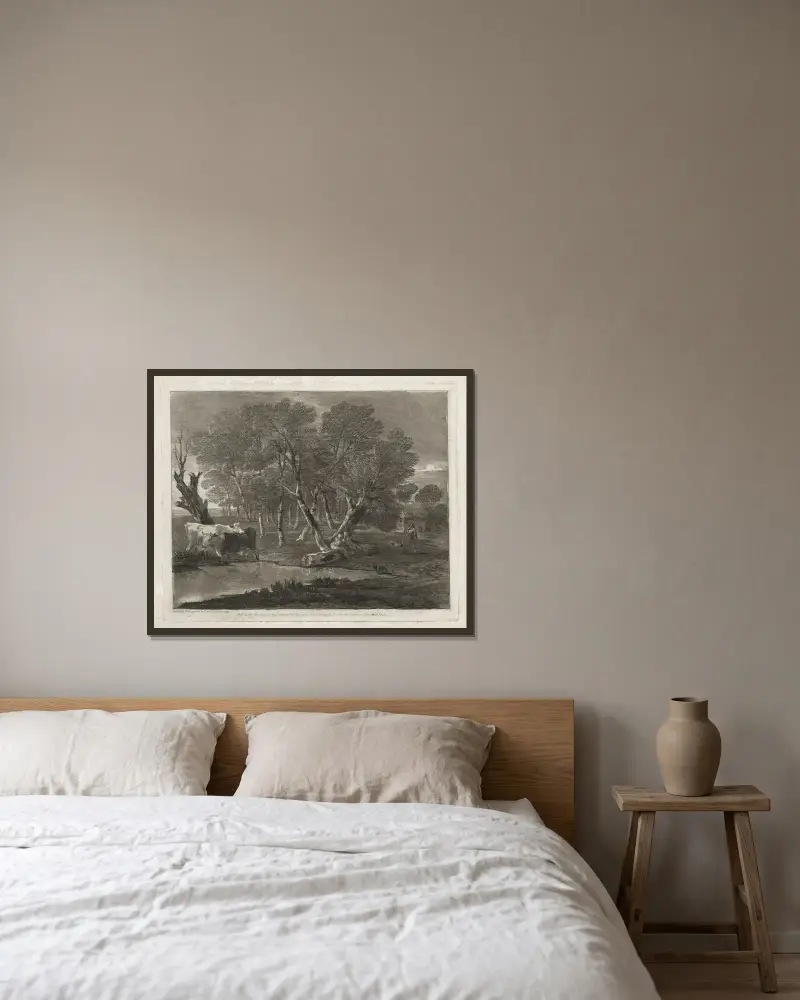 Skogslandskap med kor vid en damm, figurer och stuga av Thomas Gainsborough inramad på en vägg