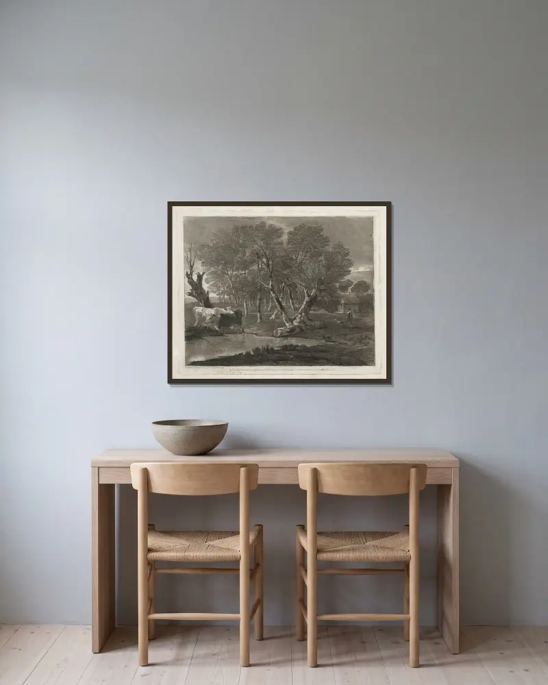 Skogslandskap med kor vid en damm, figurer och stuga av Thomas Gainsborough inramad på en vägg
