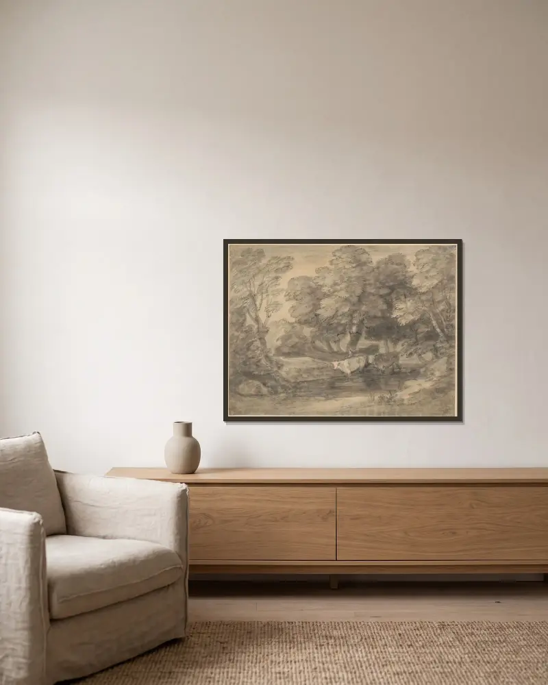 Waldlandschaft mit Kühen an einem Teich von Thomas Gainsborough gerahmt an einer Wand