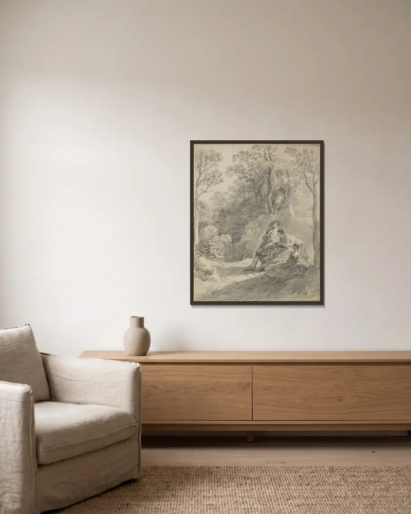 Skogslandskap med figurer, 1752 av Thomas Gainsborough inramad på en vägg