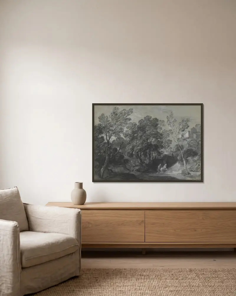 Skogslandskap med figurer och hus på kullen av Thomas Gainsborough inramad på en vägg