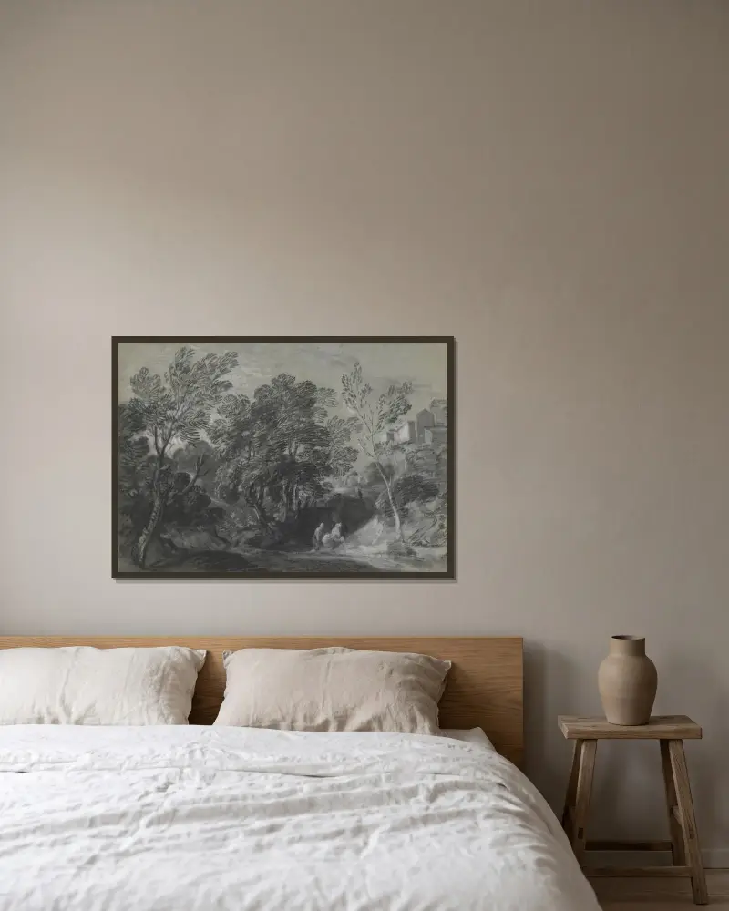 Skogslandskap med figurer och hus på kullen av Thomas Gainsborough inramad på en vägg