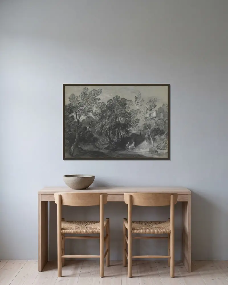 Skogslandskap med figurer och hus på kullen av Thomas Gainsborough inramad på en vägg