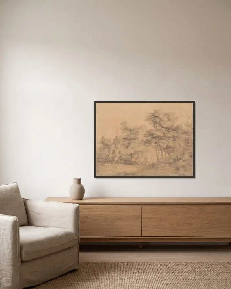 Waldlandschaft mit Figuren, Eseln und Hütte von Thomas Gainsborough gerahmt an einer Wand