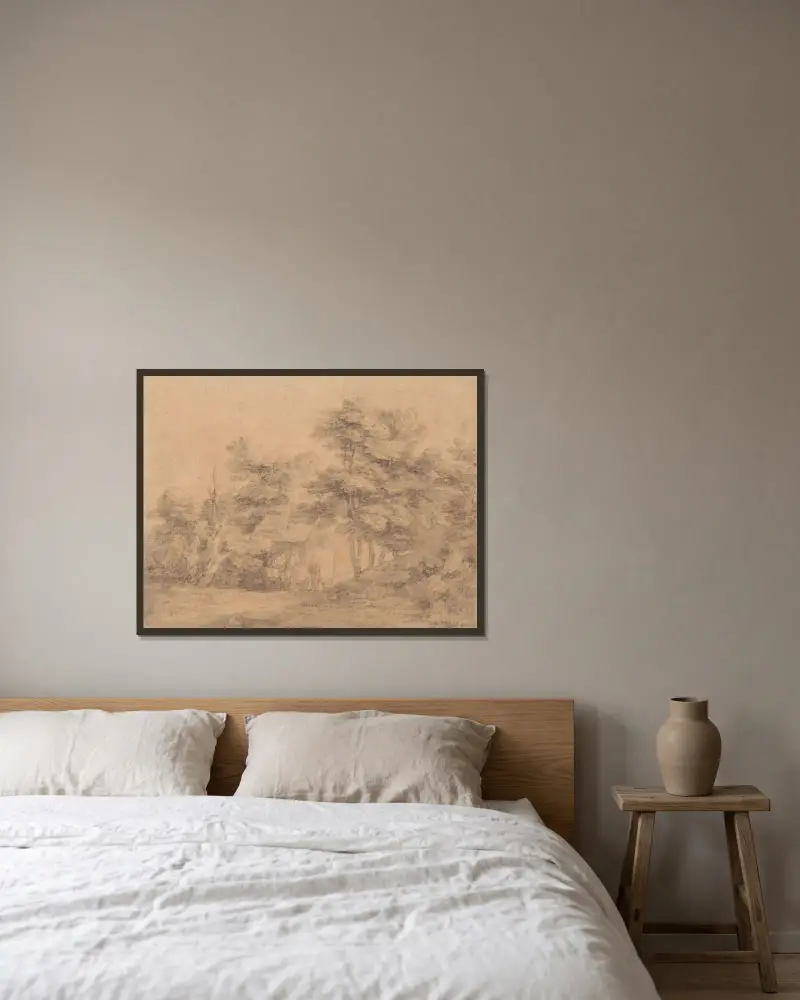 Waldlandschaft mit Figuren, Eseln und Hütte von Thomas Gainsborough gerahmt an einer Wand