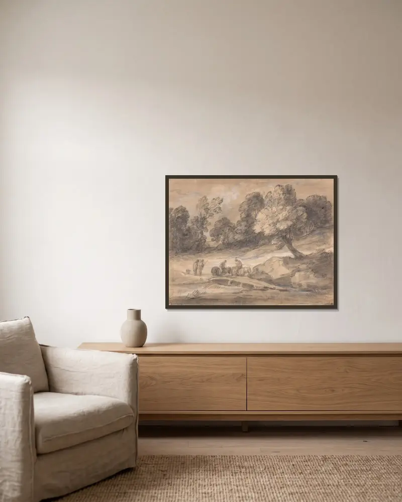 Skogslandskap med ryttare som korsar en bro av Thomas Gainsborough inramad på en vägg