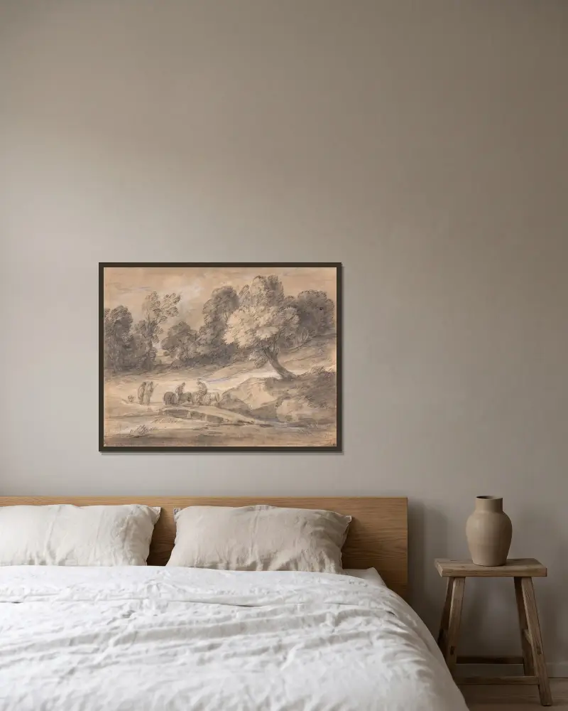 Skogslandskap med ryttare som korsar en bro av Thomas Gainsborough inramad på en vägg