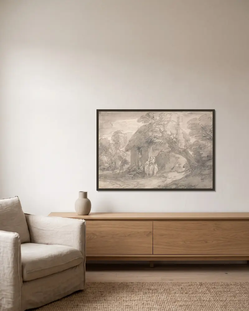 Leśny krajobraz z postaciami przed drzwiami chaty, Thomas Gainsborough w ramie na ścianie