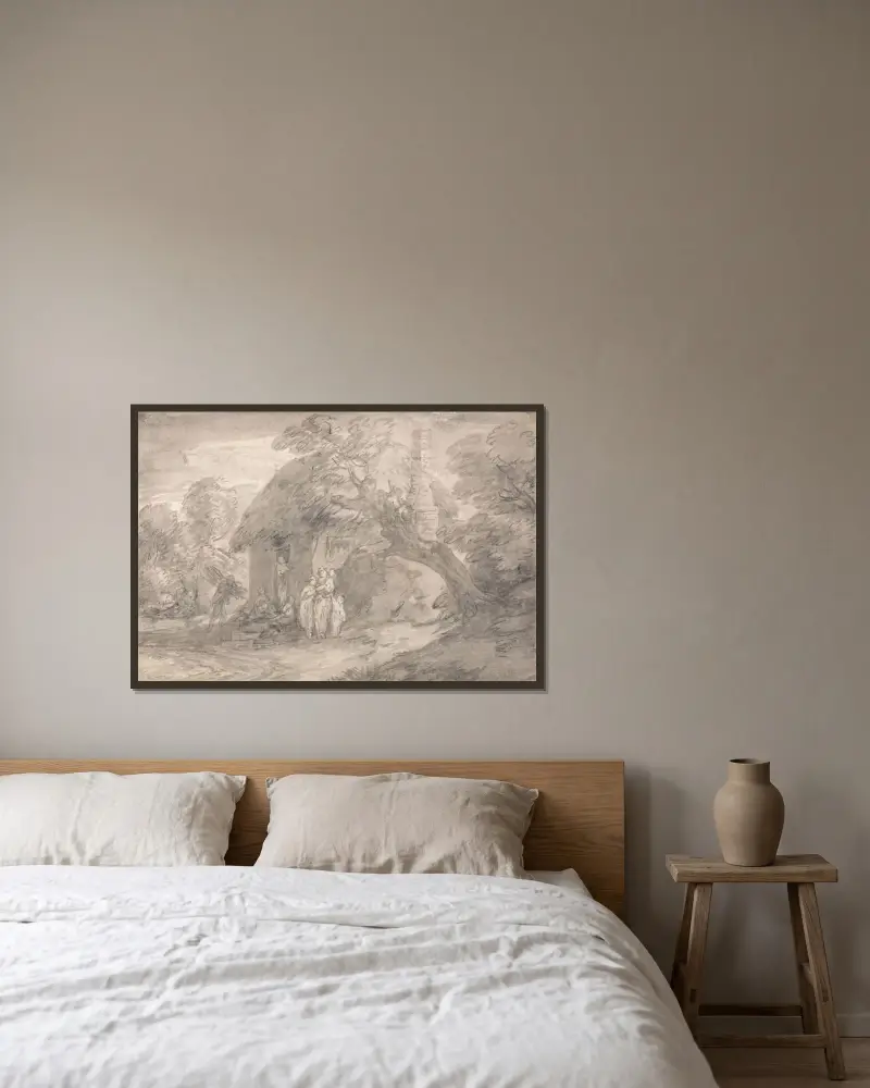 Leśny krajobraz z postaciami przed drzwiami chaty, Thomas Gainsborough w ramie na ścianie