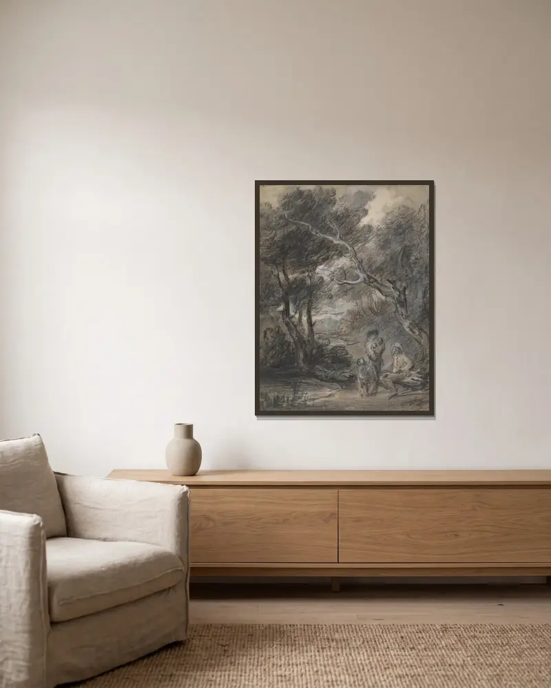 Skogslandskap med figurer – nr 1 av Thomas Gainsborough inramad på en vägg