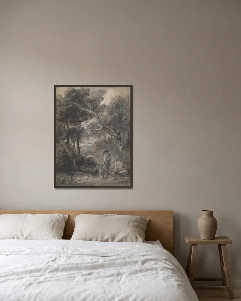 Skogslandskap med figurer – nr 1 av Thomas Gainsborough inramad på en vägg