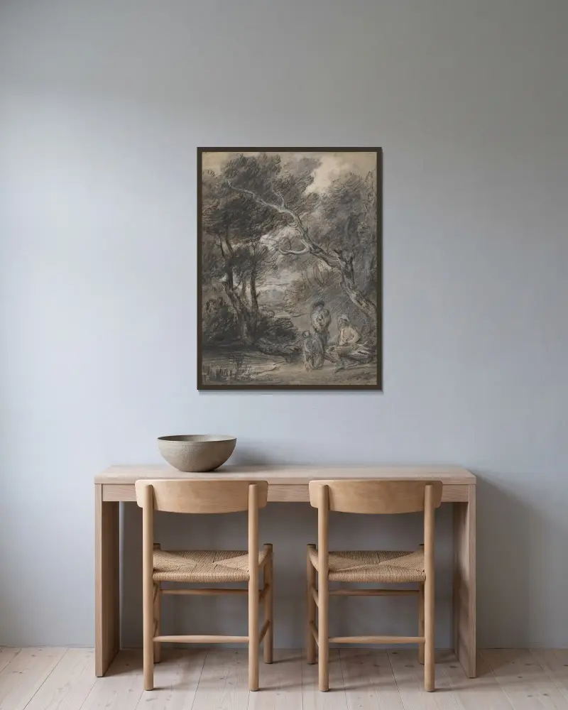 Skogslandskap med figurer – nr 1 av Thomas Gainsborough inramad på en vägg