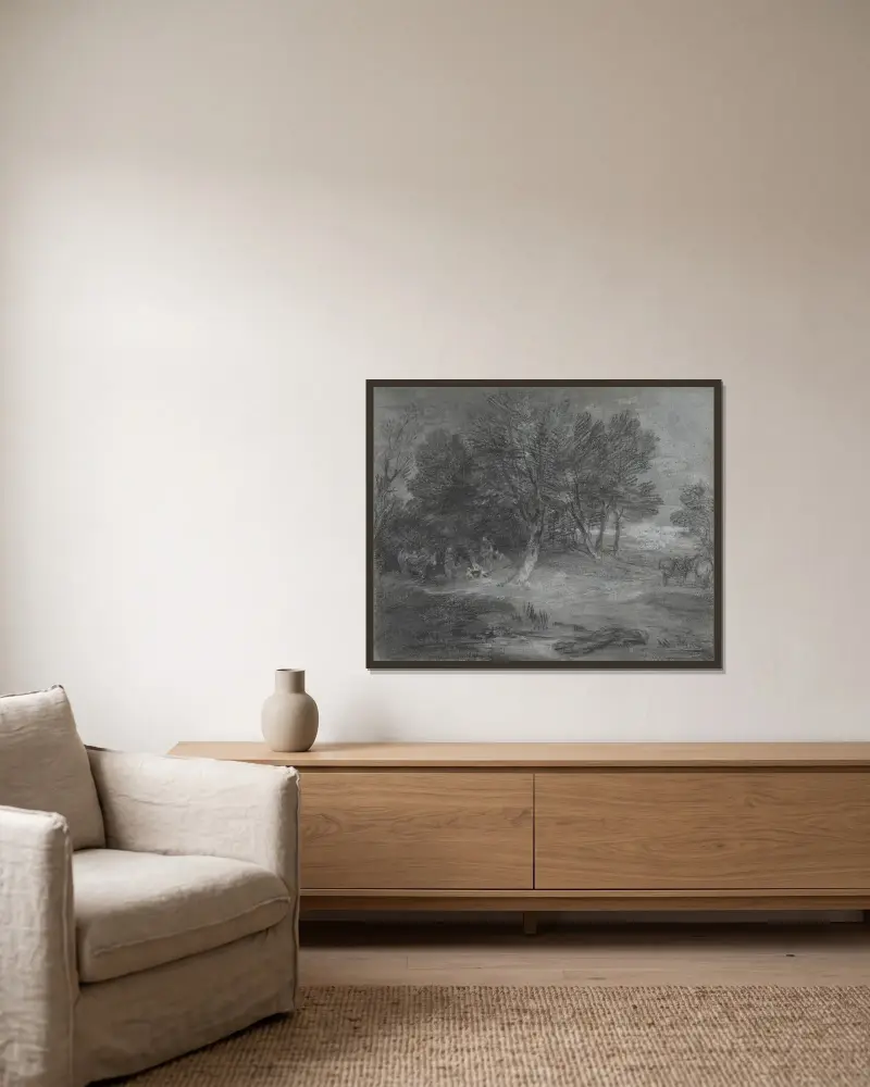 Skogslandskap med romskt läger av Thomas Gainsborough inramad på en vägg