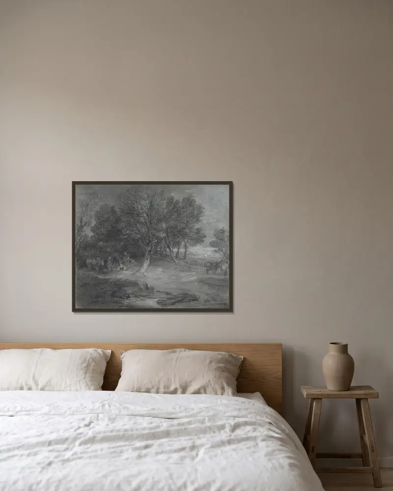 Skogslandskap med romskt läger av Thomas Gainsborough inramad på en vägg
