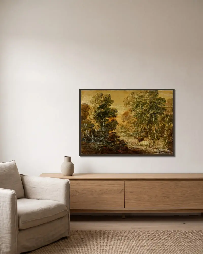 Skogslandskap med herde och boskap av Thomas Gainsborough inramad på en vägg