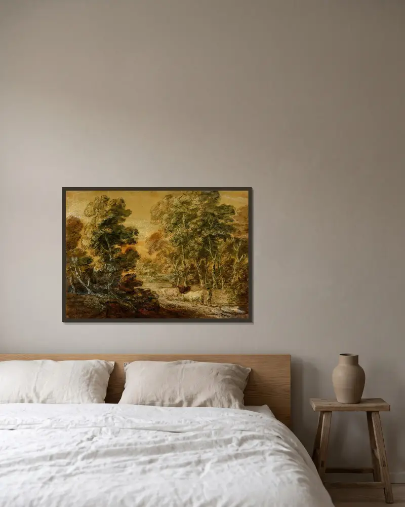 Skogslandskap med herde och boskap av Thomas Gainsborough inramad på en vägg
