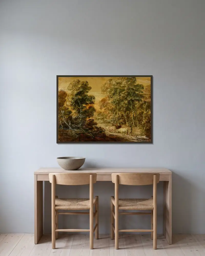 Skogslandskap med herde och boskap av Thomas Gainsborough inramad på en vägg