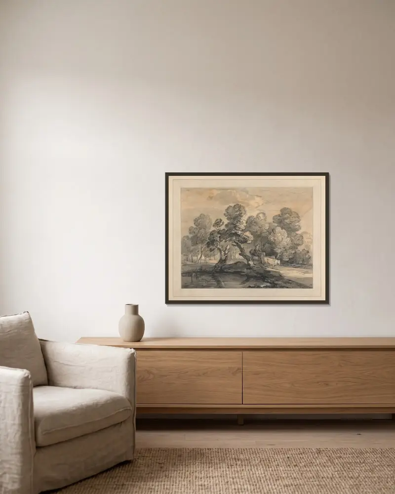 Skogslandskap med herde och kor – nr 1 av Thomas Gainsborough inramad på en vägg