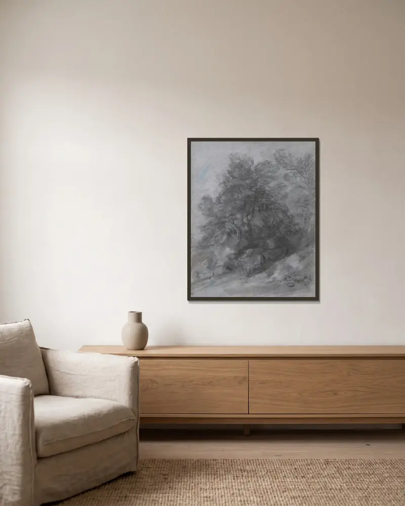 Bewaldete Landschaft mit Hirte, Kühen und Hütte von Thomas Gainsborough gerahmt an einer Wand