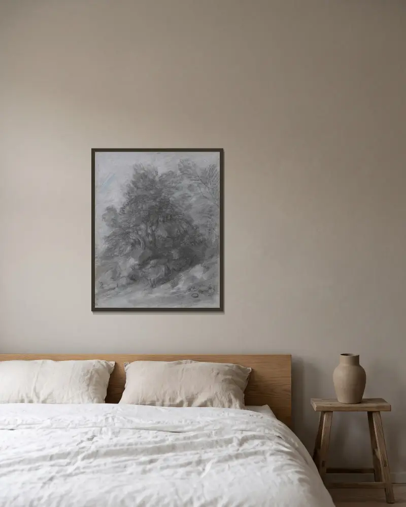 Bewaldete Landschaft mit Hirte, Kühen und Hütte von Thomas Gainsborough gerahmt an einer Wand