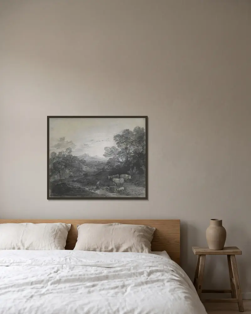 Skogslandskap med herdar och boskap, byggnader på en kulle och rustika älskande av Thomas Gainsborough inramad på en vägg
