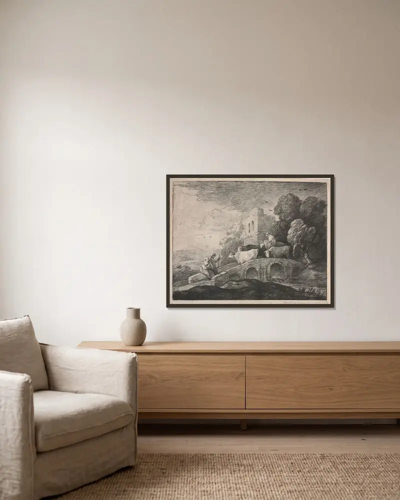 Skogslandskap med herdar som driver boskap av Thomas Gainsborough inramad på en vägg