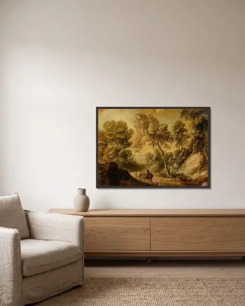 Skogslandskap med ryttare och packhäst av Thomas Gainsborough inramad på en vägg
