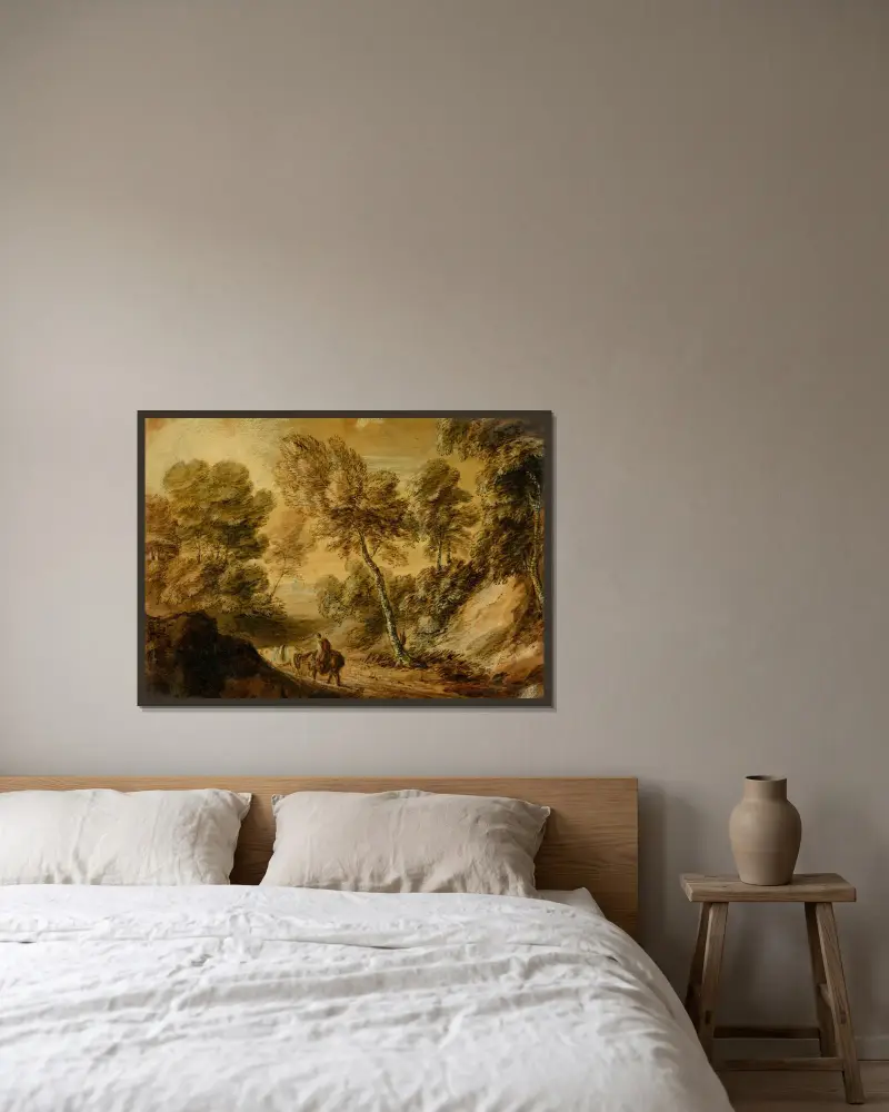 Skogslandskap med ryttare och packhäst av Thomas Gainsborough inramad på en vägg