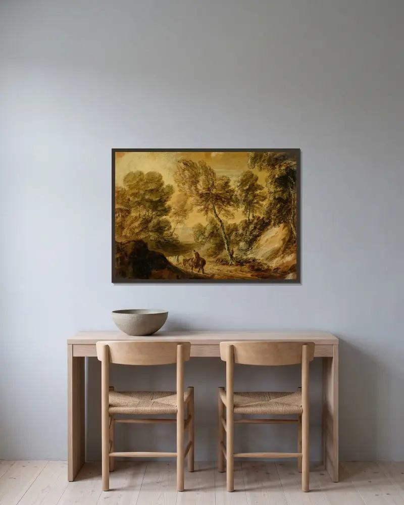 Skogslandskap med ryttare och packhäst av Thomas Gainsborough inramad på en vägg