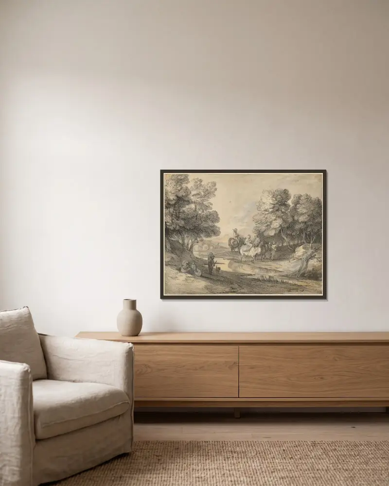 Skogslandskap med ryttare, figurer och bro av Thomas Gainsborough inramad på en vägg