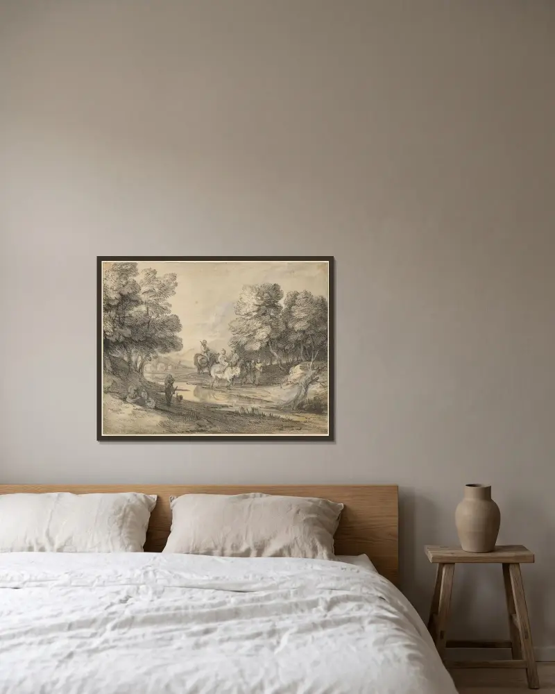 Skogslandskap med ryttare, figurer och bro av Thomas Gainsborough inramad på en vägg