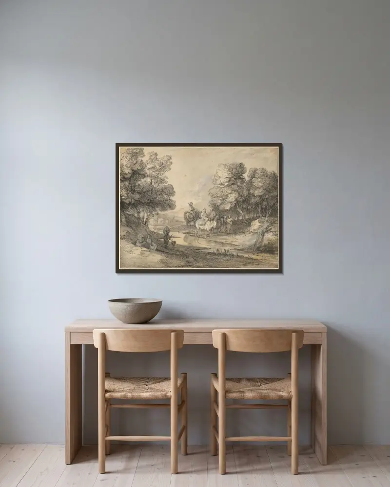 Skogslandskap med ryttare, figurer och bro av Thomas Gainsborough inramad på en vägg
