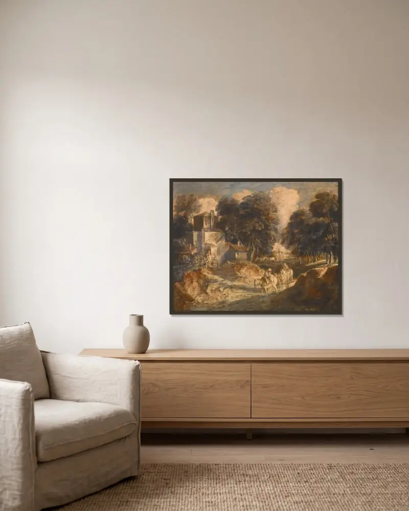 Skogslandskap med ridande bönder av Thomas Gainsborough inramad på en vägg