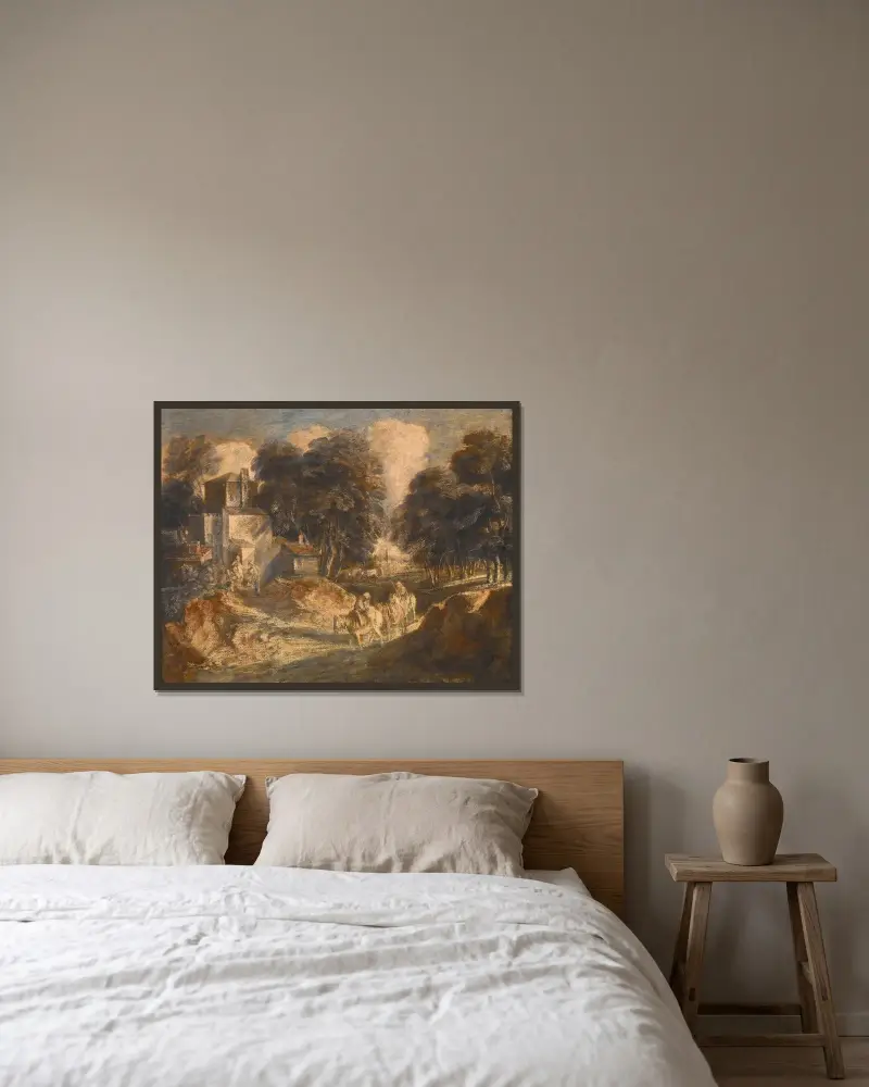 Skogslandskap med ridande bönder av Thomas Gainsborough inramad på en vägg