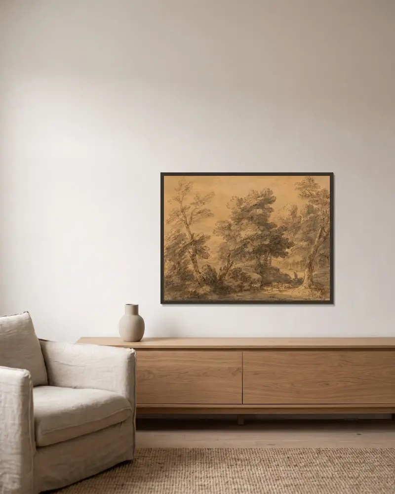 Waldlandschaft mit Hirten und Schafen von Thomas Gainsborough gerahmt an einer Wand