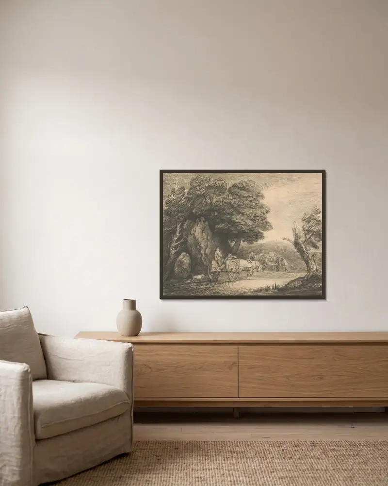 Skogslandskap med två bondkärror och figurer av Thomas Gainsborough inramad på en vägg