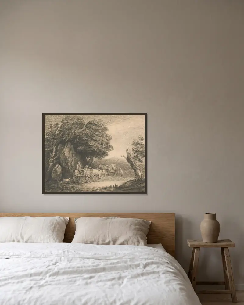 Skogslandskap med två bondkärror och figurer av Thomas Gainsborough inramad på en vägg