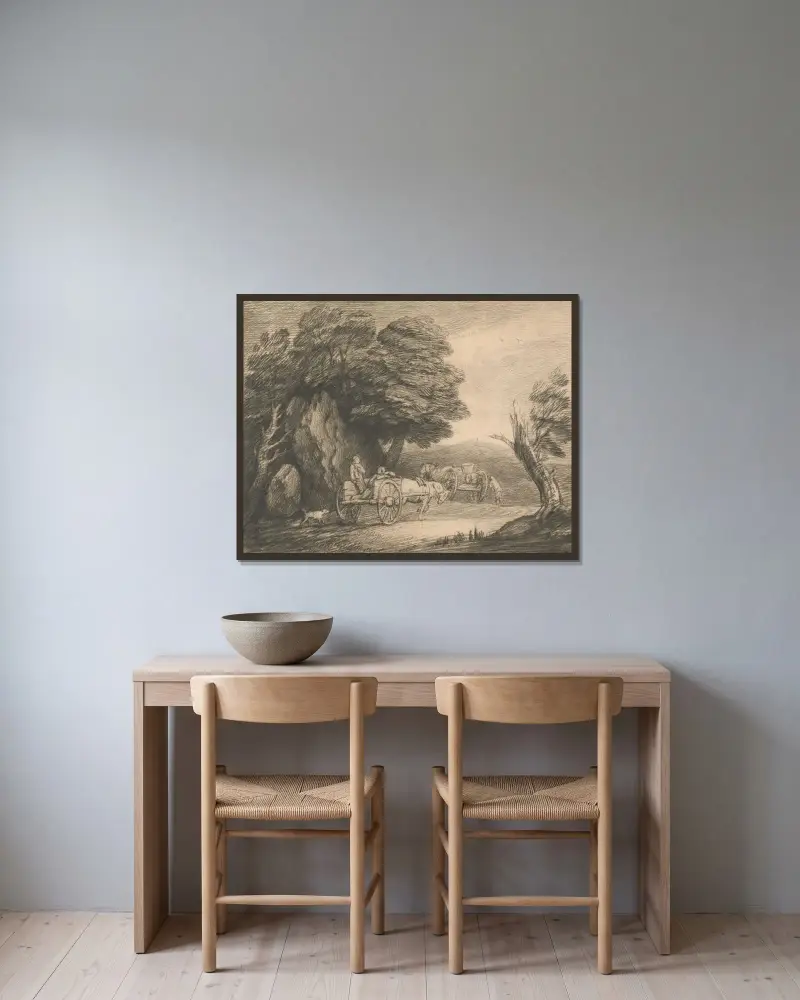 Skogslandskap med två bondkärror och figurer av Thomas Gainsborough inramad på en vägg