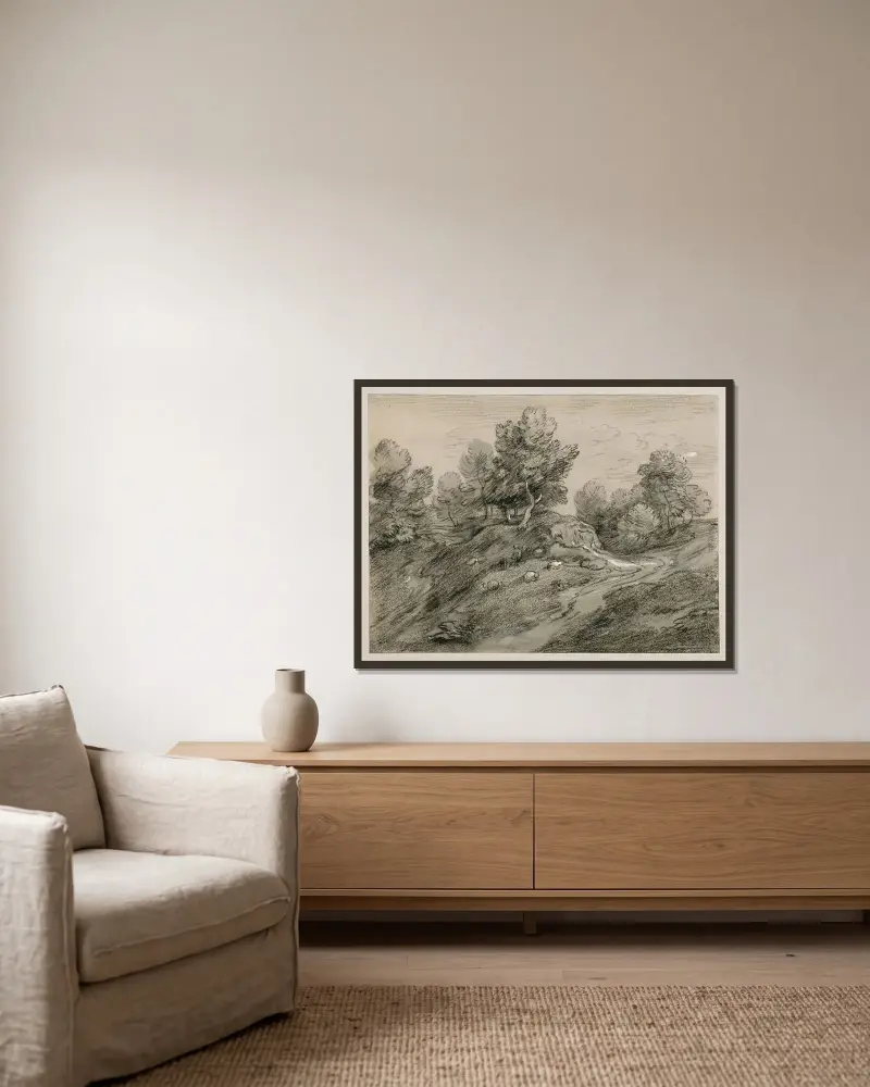 Bewaldete Hochlandschaft mit Hirten, Schafen und einer Landstraße, die sich um einen Hügel windet von Thomas Gainsborough gerahmt an einer Wand