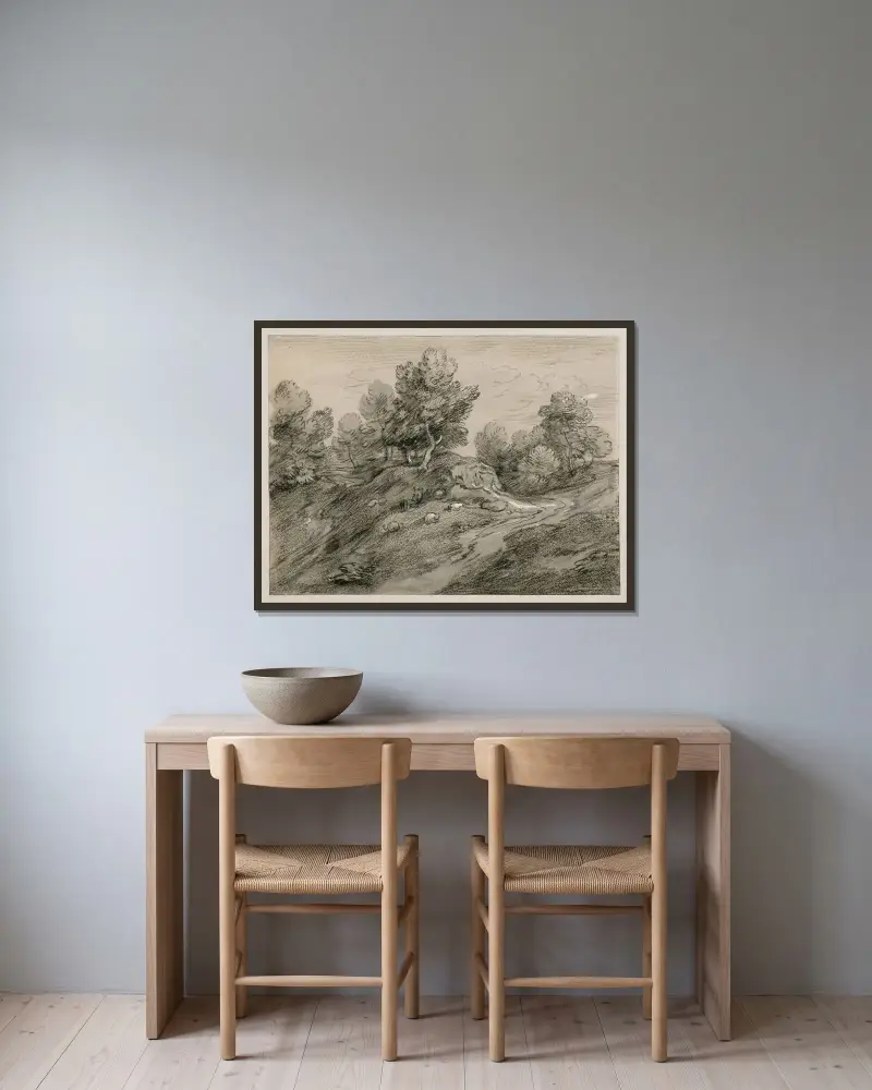 Bewaldete Hochlandschaft mit Hirten, Schafen und einer Landstraße, die sich um einen Hügel windet von Thomas Gainsborough gerahmt an einer Wand