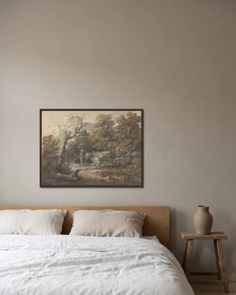 Skogslandskap med bonde, häst och kärra av Thomas Gainsborough inramad på en vägg