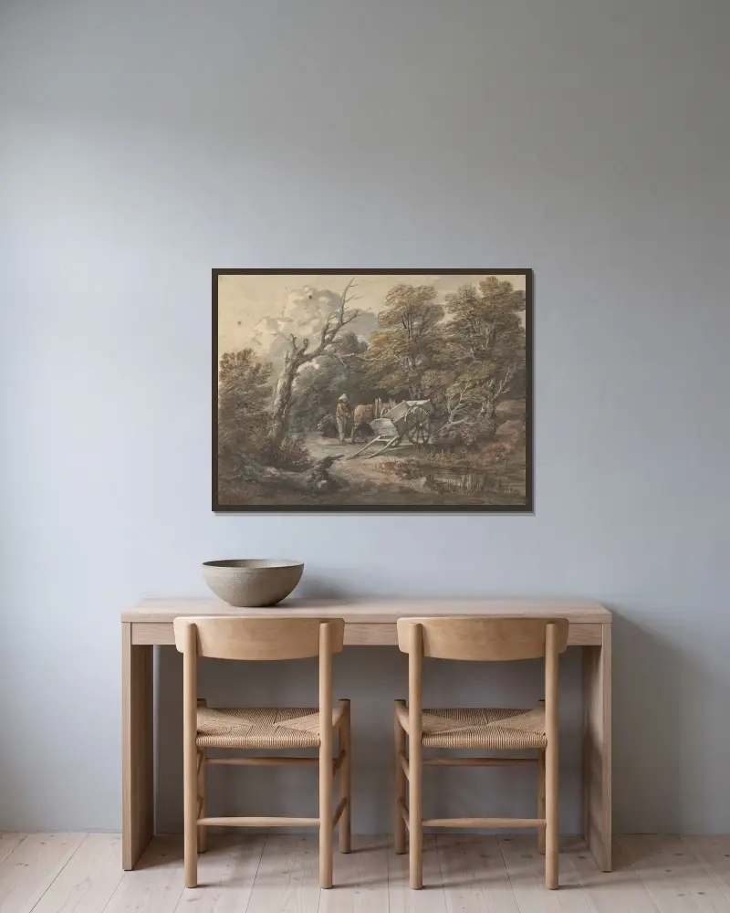 Skogslandskap med bonde, häst och kärra av Thomas Gainsborough inramad på en vägg