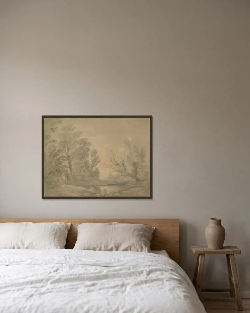 Skogslandskap med ryttare vid en damm nära en stuga av Thomas Gainsborough inramad på en vägg