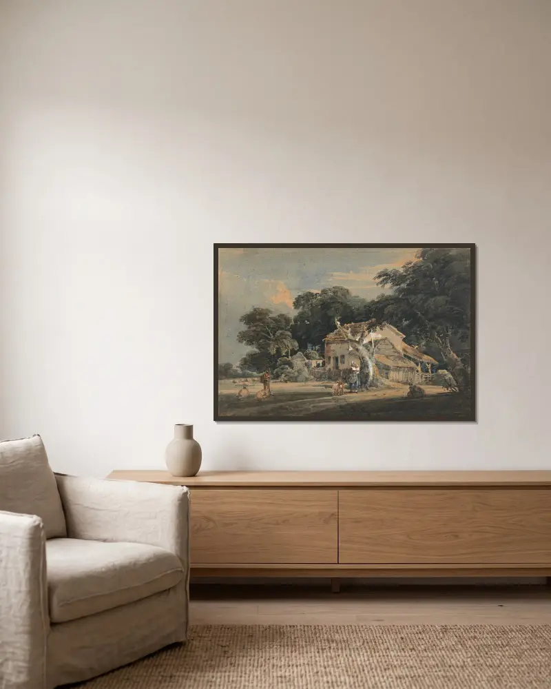 A Devonshire Farm av Thomas Girtin inramad på en vägg