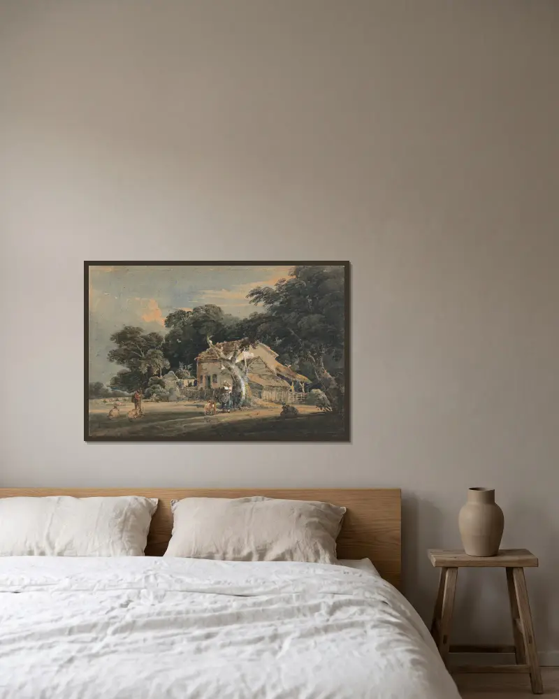 A Devonshire Farm av Thomas Girtin inramad på en vägg