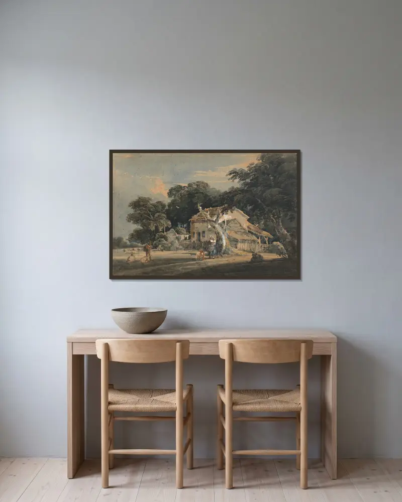 A Devonshire Farm av Thomas Girtin inramad på en vägg